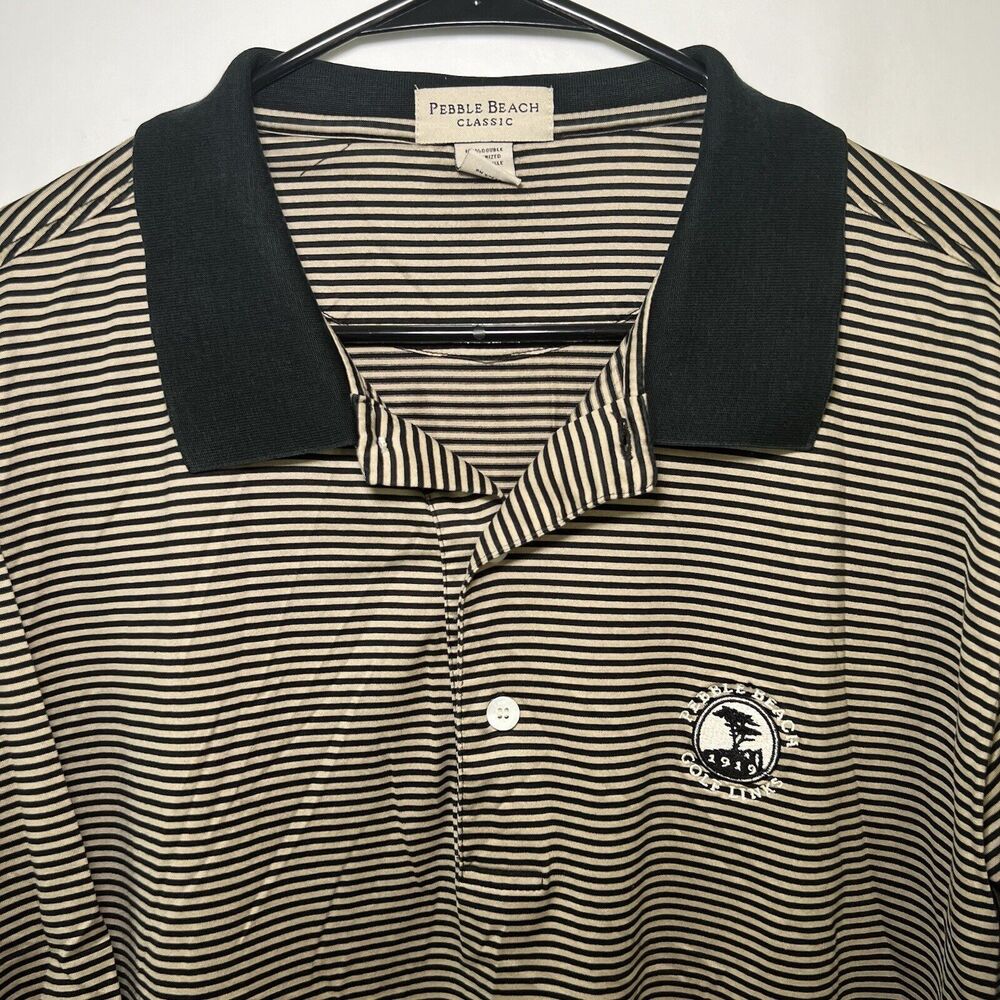 Pebble Beach Classic Golf Polo Shirt Men Size L Large Beige Black Striped Cotton